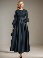 A-line Scoop Ankle-Length Lace Satin Chiffon Mother of the Bride Dress With Sequins