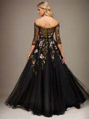 Ball-Gown/Princess Off the Shoulder Floor-Length Lace Floral Tulle Evening Dress With Beading