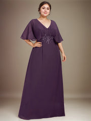 A-line V-Neck Floor-Length Chiffon Mother of the Bride Dress With Sequins Appliques Lace Pleated