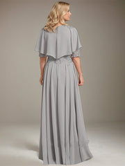 A-line Scoop Illusion Asymmetrical Chiffon Lace Mother of the Bride Dress With Beading