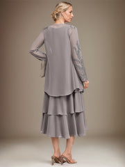 A-line Scoop Tea-Length Chiffon Mother of the Bride Dress With Cascading Ruffles