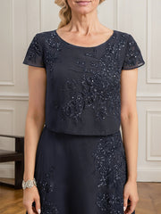 A-line Scoop Tea-Length Lace Chiffon Mother of the Bride Dress With Sequins