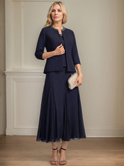 Separates A-line Scoop Tea-Length Chiffon Mother of the Bride Dress With Sequins Beading