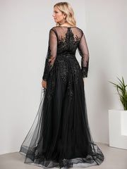 A-line V-Neck Floor-Length Tulle Prom Dresses With Sequins Appliques Lace Beading