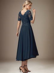 A-line V-Neck Asymmetrical Lace Chiffon Mother of the Bride Dress With Sequins