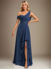 A-line Asymmetrical Floor-Length Chiffon Evening Dress With Cascading Ruffles Appliques Lace Sequins