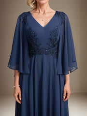 A-line V-Neck Tea-Length Chiffon Lace Mother of the Bride Dress With Sequins Beading