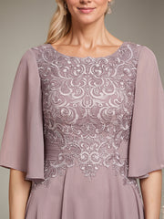 A-line Scoop Tea-Length Lace Chiffon Mother of the Bride Dress