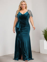 Sheath/Column V-Neck Sweep Train Velvet Evening Dress With Cascading Ruffles Beading