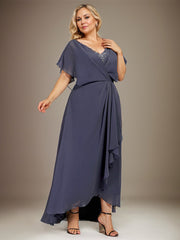 A-line V-Neck Asymmetrical Chiffon Mother of the Bride Dress With Sequins Beading Cascading Ruffles