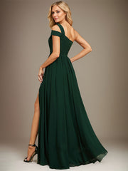 A-line Cold Shoulder One Shoulder Floor-Length Chiffon Evening Dress With Pleated