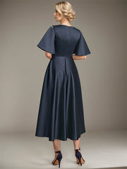 A-line V-Neck Tea-Length Satin Mother of the Bride Dress With Beading