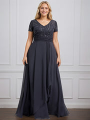 A-line V-Neck Floor-Length Chiffon Lace Mother of the Bride Dress With Beading Sequins Cascading Ruffles