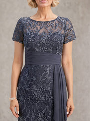 Sheath/Column Scoop Illusion Knee-Length Lace Chiffon Mother of the Bride Dress With Cascading Ruffles Sequins