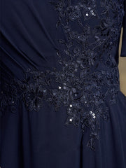 A-line V-Neck Floor-Length Lace Chiffon Mother of the Bride Dress With Cascading Ruffles Sequins