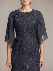 Sheath/Column Scoop Tea-Length Lace Chiffon Mother of the Bride Dress
