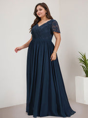 A-line V-Neck Floor-Length Lace Chiffon Mother of the Bride Dress