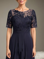 A-line Scoop Illusion Asymmetrical Lace Chiffon Mother of the Bride Dress