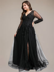 A-line V-Neck Floor-Length Tulle Prom Dresses With Sequins Appliques Lace Beading