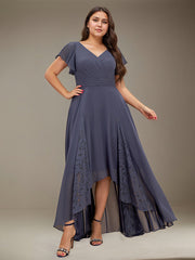 A-line V-Neck Asymmetrical Lace Chiffon Cocktail Dress With Pleated