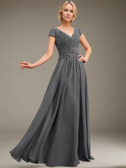 A-line V-Neck Floor-Length Chiffon Lace Mother of the Bride Dress With Sequins Beading Pleated
