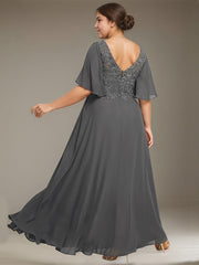 A-line V-Neck Floor-Length Chiffon Lace Mother of the Bride Dress With Sequins Beading