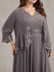 A-line V-Neck Ankle-Length Chiffon Mother of the Bride Dress With Sequins Appliques Lace Beading