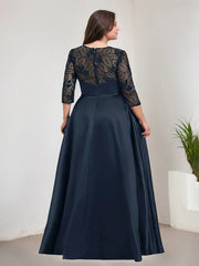 A-line Scoop Illusion Floor-Length Satin Lace Evening Dress With Sequins