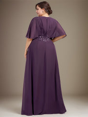 A-line V-Neck Floor-Length Chiffon Mother of the Bride Dress With Sequins Appliques Lace Pleated