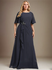 A-line Scoop Floor-Length Chiffon Mother of the Bride Dress With Cascading Ruffles Beading Sequins