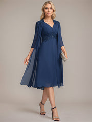 A-line V-Neck Knee-Length Chiffon Lace Mother of the Bride Dress With Pleated Beading Sequins