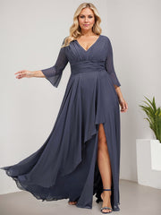 A-line V-Neck Floor-Length Chiffon Mother of the Bride Dress With Cascading Ruffles