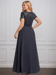 A-line V-Neck Floor-Length Chiffon Lace Mother of the Bride Dress With Beading Sequins Cascading Ruffles