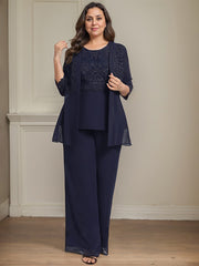 Jumpsuit/Pantsuit Separates Scoop Floor-Length Chiffon Lace Mother of the Bride Dress With Sequins