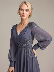 A-line V-Neck Floor-Length Chiffon Mother of the Bride Dress With Sequins Appliques Lace Pleated