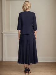 Separates A-line Scoop Tea-Length Chiffon Mother of the Bride Dress With Sequins Beading