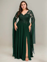 A-line V-Neck Floor-Length Lace Chiffon Evening Dress