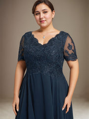 A-line V-Neck Asymmetrical Lace Chiffon Mother of the Bride Dress With Sequins