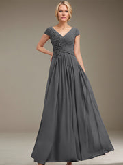 A-line V-Neck Floor-Length Chiffon Lace Mother of the Bride Dress With Sequins Beading Pleated