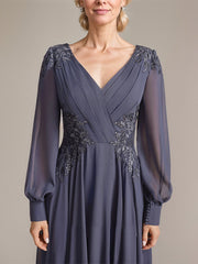 A-line V-Neck Floor-Length Chiffon Mother of the Bride Dress With Sequins Appliques Lace Pleated