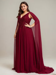 A-line V-Neck Sweep Train Lace Chiffon Evening Dress With Sequins