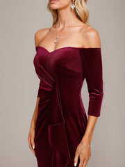 Sheath/Column Off the Shoulder Floor-Length Velvet Evening Dress With Cascading Ruffles