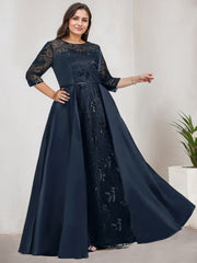 A-line Scoop Illusion Floor-Length Satin Lace Evening Dress With Sequins