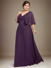 A-line V-Neck Floor-Length Chiffon Mother of the Bride Dress With Sequins Appliques Lace Pleated