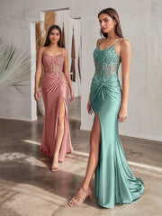 Flor Gown - Fitted Satin Gown with Embellished Bodice