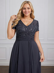 A-line V-Neck Floor-Length Chiffon Lace Mother of the Bride Dress With Beading Sequins Cascading Ruffles