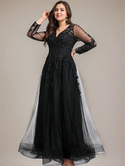 A-line V-Neck Floor-Length Tulle Prom Dresses With Sequins Appliques Lace Beading