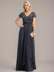 A-line V-Neck Floor-Length Chiffon Lace Mother of the Bride Dress With Beading Sequins Cascading Ruffles
