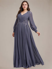 A-line V-Neck Floor-Length Chiffon Mother of the Bride Dress With Sequins Appliques Lace Pleated