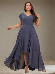 A-line V-Neck Asymmetrical Lace Chiffon Cocktail Dress With Pleated